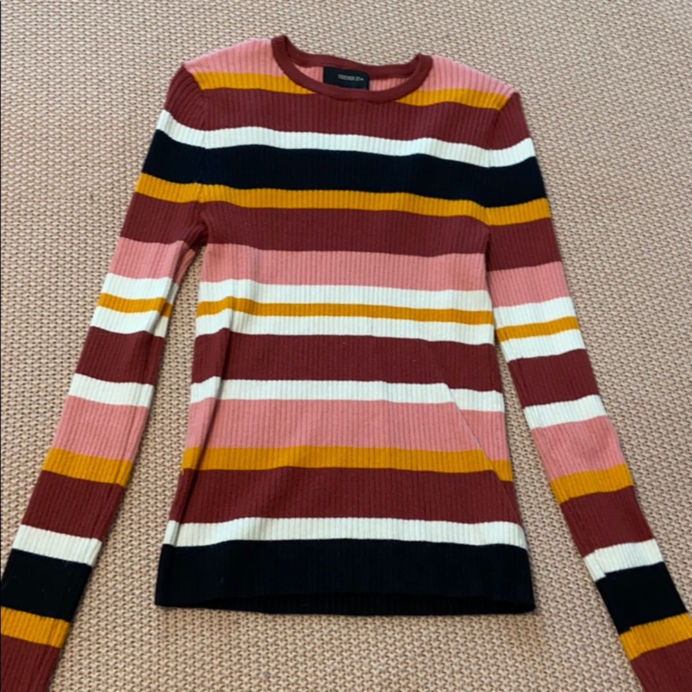 multicolored striped tight sweater